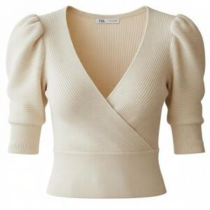 Express Womens Puff Sleeve Ribbed Wrap Top Size L Cream